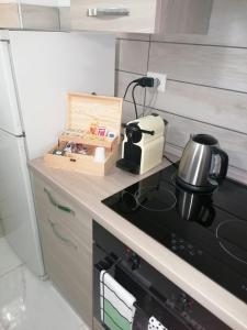 eine Küche mit einem Herd und einer Schachtel auf der Theke in der Unterkunft Fiumicino Aeroporto Casa Vacanze Orchidea in Fiumicino