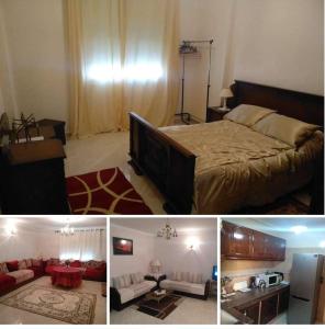 three pictures of a bedroom with a bed and a living room at Appartement Bio Hamria Meknes in Meknès