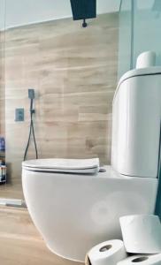 ein Bad mit einem weißen WC in einem Zimmer in der Unterkunft Unique NYC style Loft in the heart of Madrid in Madrid