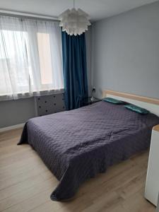 um quarto com uma cama grande e um lustre em Gallusa Apartament em Katowice