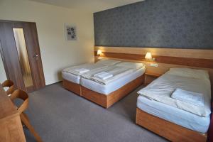 two beds in a hotel room with two beds sidx sidx sidx at Hotel Toč in Lipova Lazne