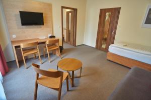 a hotel room with a bed and a table and chairs at Hotel Toč in Lipova Lazne
