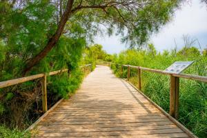 a wooden bridge with a sign on it at Camping Relax Sol in Torredembarra