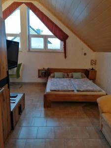 ein großes Schlafzimmer mit einem Bett und einem TV in der Unterkunft Apartment in Stauseenähe in Rainau