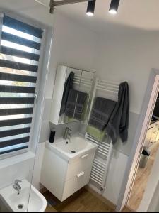 W białej łazience znajduje się umywalka i lustro. w obiekcie TTT House Pitesti w Piteszti