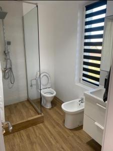 皮特什蒂TTT House Pitesti的浴室配有马桶和玻璃淋浴房 更多8张照片