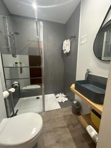 een badkamer met een douche, een toilet en een wastafel bij Dolce Vita in Mondorf-les-Bains