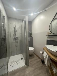 a bathroom with a shower and a toilet and a sink at Dolce Vita in Mondorf-les-Bains