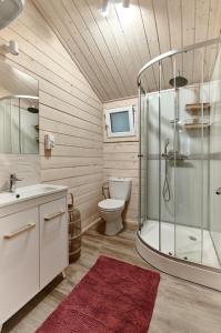 a bathroom with a glass shower and a toilet at Arenda Apartamenty&Domki całoroczne in Sieraków