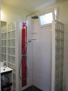 um chuveiro com uma mangueira vermelha na casa de banho em Studio avec cour extérieure em Bagnolet