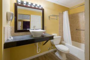 een badkamer met een wastafel, een toilet en een spiegel bij Econo Lodge Gretna - New Orleans in Gretna +23 foto's