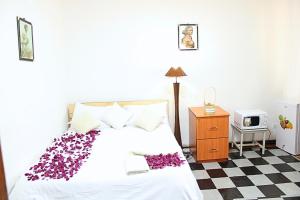 a bedroom with a bed and a tv on a checkered floor at Kind private room 8 in Addis Ababa