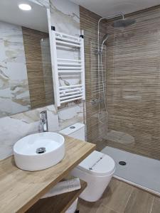 a bathroom with a sink and a toilet and a shower at IMEDA Apartamentos BUENAVISTA LODGE in Sierra Nevada