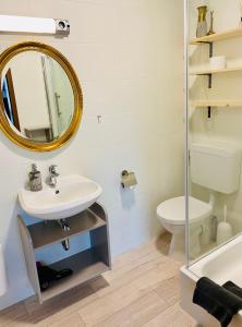 a bathroom with a sink and a mirror and a toilet at Kajüthus Apartment 1 in Fehmarn