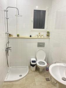 Baño blanco con aseo y lavamanos en Superbe appartement hautstanding en Sfax