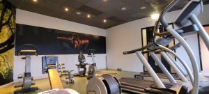 een fitnessruimte met cardio-apparatuur en een paard aan de muur bij Parkhotel Valkenburg in Valkenburg