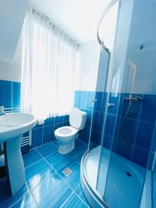 een blauwe badkamer met een toilet en een wastafel bij La Mama in Pietroasa