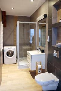 a bathroom with a toilet sink and a washing machine at Apartament w sercu Krakowa in Kraków