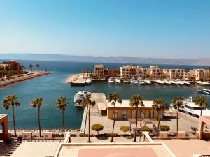 a view of a harbor with palm trees and buildings at Shoreline Apartment - Tala Bay in Aqaba