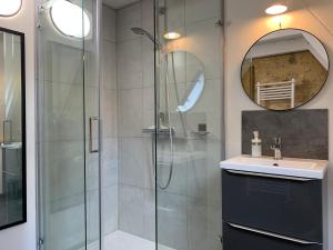 勒布格的住宿－La Maison de Jardin à La Peyrière，带淋浴、盥洗盆和镜子的浴室