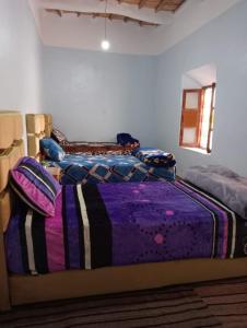 1 cama con edredón púrpura en una habitación en Gite d'étape taourirte, en Kalaat MGouna