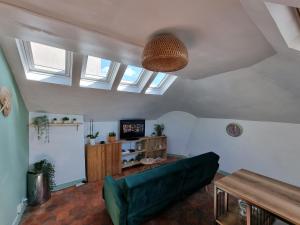 a living room with a green couch and a skylight at Charmant studio proche du château in Versailles