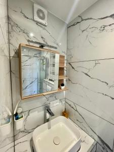 a white bathroom with a sink and a mirror at The Studio Wilson - Mulhouse Station in Mulhouse
