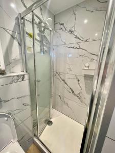 a bathroom with a shower with a glass door at The Studio Wilson - Mulhouse Station in Mulhouse