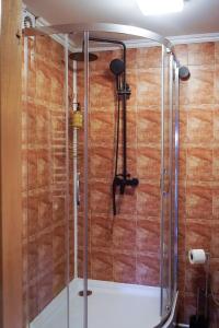 a shower with a glass enclosure in a bathroom at Na Penkah in Yaremche