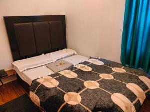 a bedroom with a large bed with a blue curtain at Kishan Home Stay in Mathura