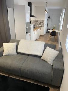 a living room with a couch and a kitchen at Studio bien situé & tout équipé dans une maison in Scionzier
