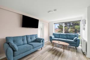 ein Wohnzimmer mit 2 blauen Sofas und einem Tisch in der Unterkunft 20% Off Spacious Stylish Home with Free Parking in Exeter