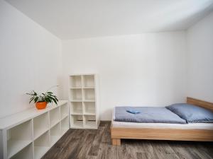 a bedroom with a bed and a book shelf at Apartment U Dzina-3 by Interhome in Polubný