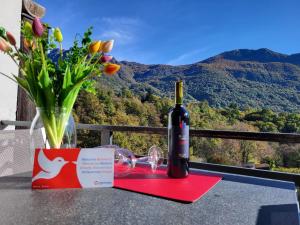 una botella de vino sentada en una mesa con flores en Apartment Villaggio Sureggio - App- C7 by Interhome, en Lugaggia