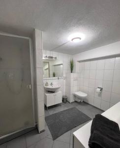 ein weißes Badezimmer mit Waschbecken und Toilette in der Unterkunft Ferienwohnung Rösler in Niederfüllbach