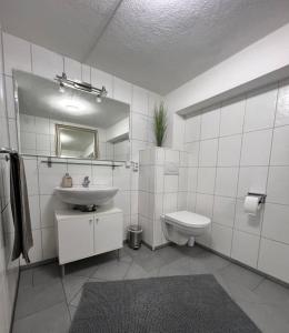 ein weißes Badezimmer mit Waschbecken und Toilette in der Unterkunft Ferienwohnung Rösler in Niederfüllbach