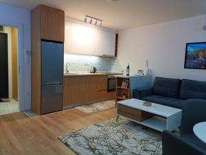 a living room with a couch and a kitchen at Apartman ''Airplane'' Sarajevo in Sarajevo