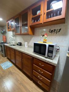 a kitchen with a microwave on a counter at Apartamento Charme Guará - Na Praça de Guaramiranga in Guaramiranga