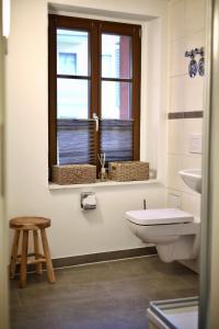 ein Bad mit einem WC, einem Waschbecken und einem Fenster in der Unterkunft Pößnecker Werkstätten - Alte Bäckerei in Pößneck