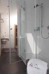 ボルシュターラングにあるFerienwohnung "Alpenglück" mit Hallenbadのバスルーム(シャワー、タオル付)が備わります。 +6枚の写真