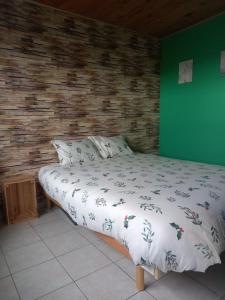 a bed in a room with a green wall at Chalet - l'Endoxyle in Froid-Chapelle