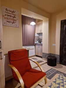 a living room with a red chair and a kitchen at Ana Studio in Hunedoara