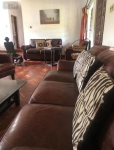 a living room with a zebra print couch at Luxury Retreat in Karen Suburb, Nairobi in Nairobi
