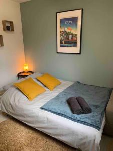 a bed with two pillows and a picture on the wall at Studio Le Pensier - Monplaisir in Lyon