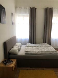 a bedroom with a bed and a window with curtains at Nette Wohnung in der Altstadt 2 in Cheb