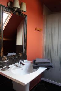 ein Bad mit einem Waschbecken und einem Spiegel in der Unterkunft Gite 12 pers à 15kms de la plage in Plouégat-Moysan