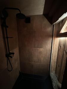 W łazience znajduje się prysznic ze ścianą wyłożoną kafelkami. w obiekcie Humno w mieście Nová Baňa