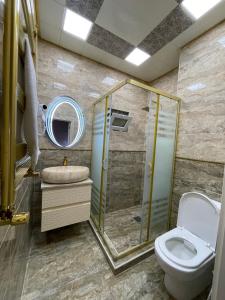 a bathroom with a shower and a toilet and a sink at The Mirror Hotel in Baku