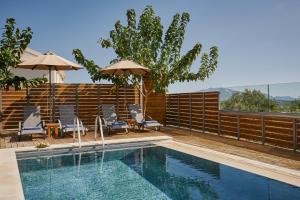 uma piscina com cadeiras e guarda-sóis ao lado em Azor Luxury Villa II em Zakynthos