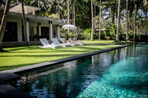 a pool with chairs and an umbrella next to a house at Kelapa Retreat & Spa in Pulukan